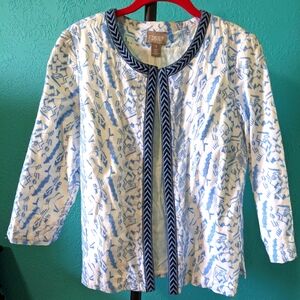 Chico's Blue and White Patterned Jacket, Size 1